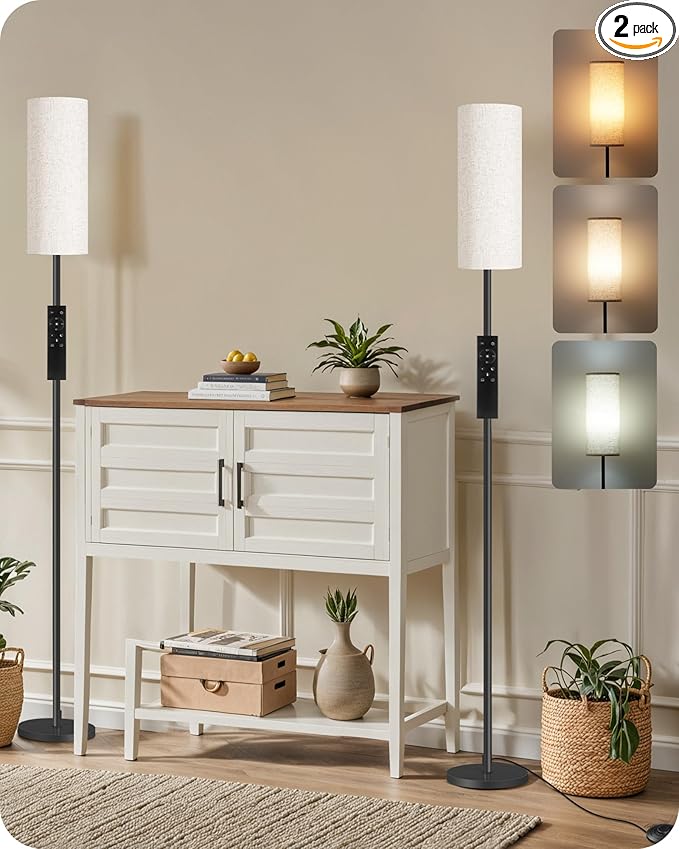 Set of 2 Dimmable Floor Lamps for Living Room with 2 Remotes and Foot Switch, 64.4”Modern Standing Tall Lamp, Corner Lamp for Bedroom, Bulb Included, 3000K-6500K, Beige Shade E06LDP205W1