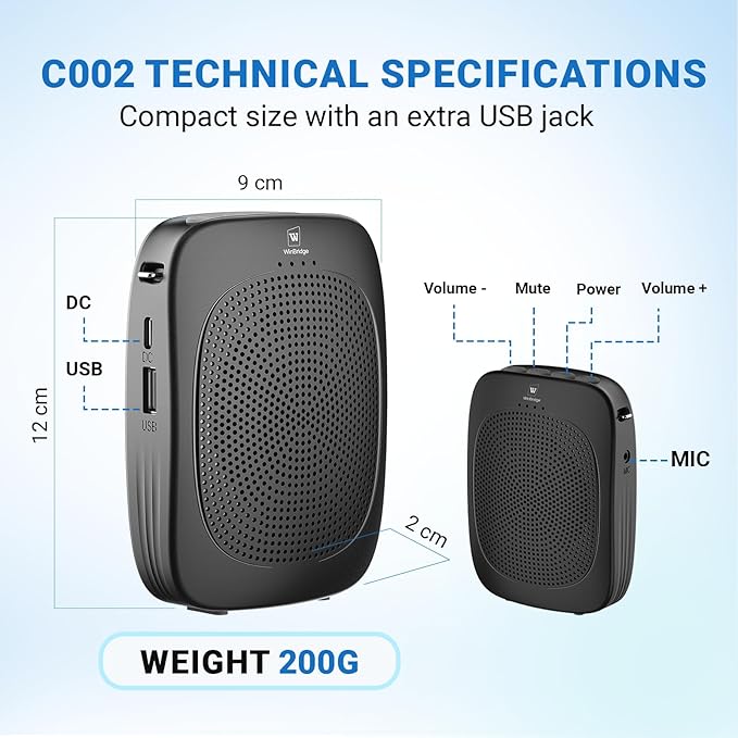 Wireless Voice Amplifier with Headset Microphone,Personal Wireless Bluetooth Amplifier with Mic,Teachers Microphone Wireless,Mini Megaphone Speaker,Portable PA System for Classroom C002