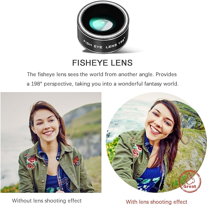 Phone Camera Lens Kit Upgraded Version Telephoto 28X Wide Angle 0.6X Macro 20X Fisheye 198° for Most Smartphones (Black)