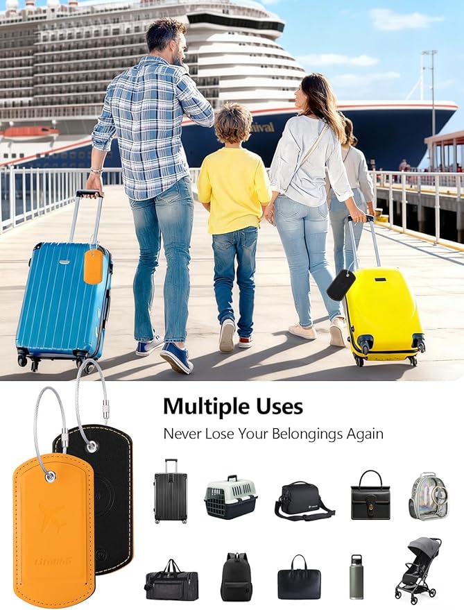 Luggage Tags Built-in Anti-Loss Tracker, Luxury Leather Luggage Tags for Suitcase, Travel Bags, Backpacks, Travel Organizer for Lost Baggage Prevention (S-Orange)