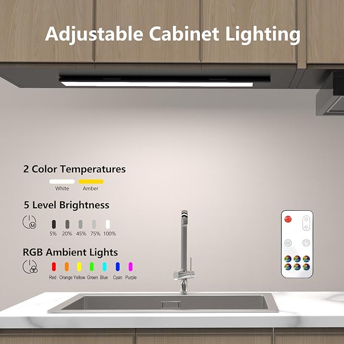 Under Cabinet Lights,LED Closet RGB Light with Color Changing Rechargeable Battery Operated Under Counter Lighting with Remote Control for Kitchen, Bedroom, TV Back