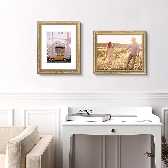 Golden State Art,11x14 Ornate Picture Frame for 8x10 Photo with Mat or 11 x 14 Prints Without Mat, Real Glass Wall Display Horizontally or Vertically (Color:Vintage Gold)