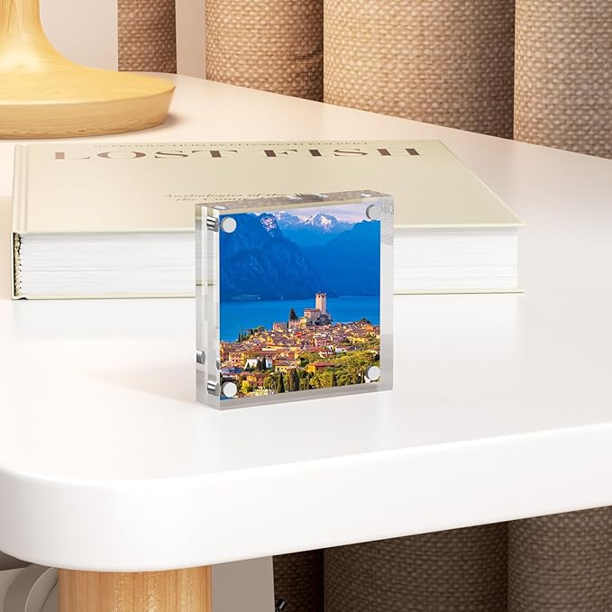 RPSENNA Mini Picture Frame 3x3 inch Acrylic Magnetic Photo Card Frame 20mm Thick Double SidedDesktop Display Frames for Cards Photos Office Home Decor 2 PCS
