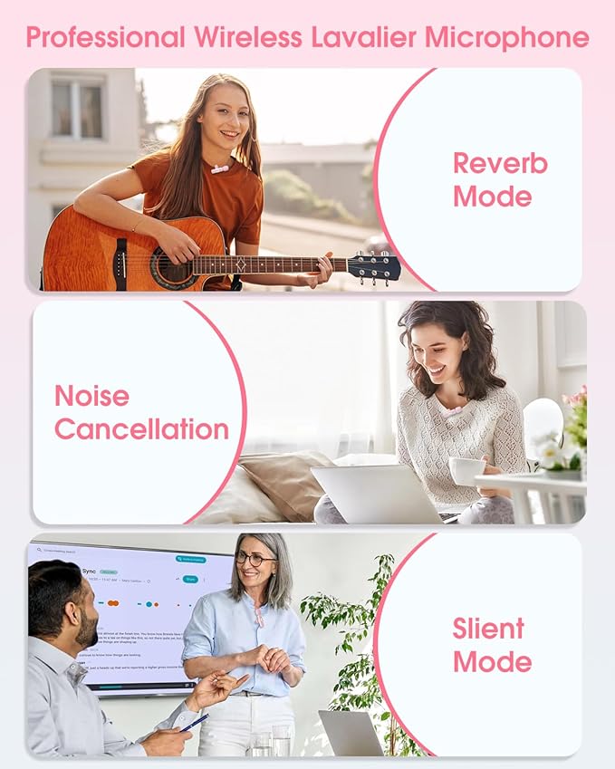 Mini Wireless Lavalier Microphone for iPhone 16/15/14/Android, Lapel Mic with Noise Reduction, 12H, 65ft, Pink Tiny Microphone Content Creator Interview for Vlog YouTube TikTok Recording (Pink)