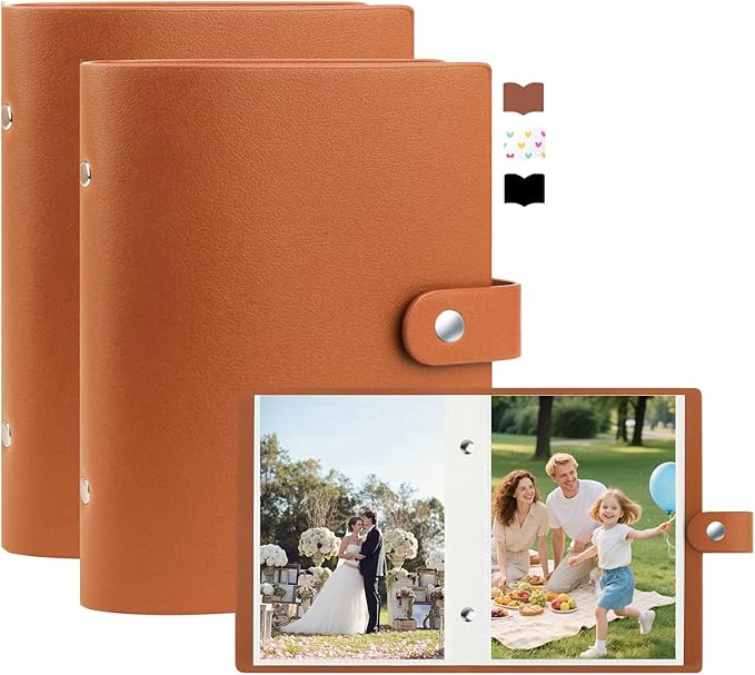 2 Pack Small Photo Album 5x7 Holds 52 Pictures Leather Cover 5 x 7 Album Mini Picture Book Acid Free Inner Pages Portable Albums Book for Wedding Family Boys Girls Art Work(Brown)