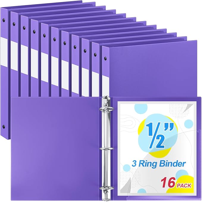 Henoyso 16 Pcs 3 Ring Binder 1/2'' Round Fits Letter Size 8.5'' x 11'' Paper Plastic Flexible Binder Holds 140 Sheets with 1 Pockets Versatile Organizer for Home Office School (Purple)