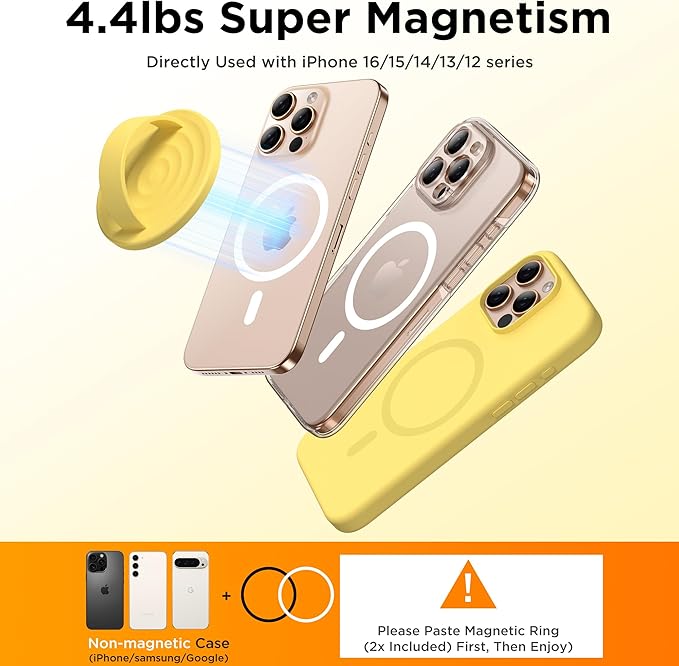 Magnetic Phone Grip Ring Holder, Liquid Silicone Magnet Cell Phone Grip Finger Loop, Compatible with Magsafe, Back of Phone for iPhone 17/16/15/14/13/12 Series, Yellow