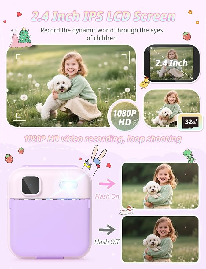 Kids Camera Instant Print, 1080P HD Digital Video Kids Instant Camera for Girl Boys, Toddler Toys for Children Age 3-12 with 3 Rolls Print Paper & 32G Card (Purple)