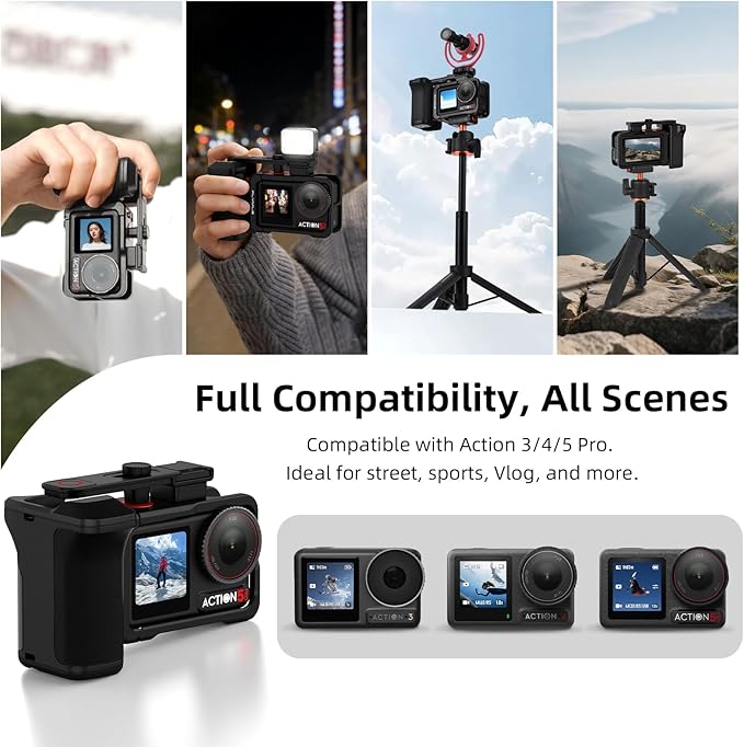 Grip Kit for DJI Action 5 Pro 4 3 (with Cage), Handle Holder Bundle Expansion Mount with Shutter Button, Quick Release Adapter, Cold Shoe for DJI Osmo Action 5 Pro 4 3 Accessories