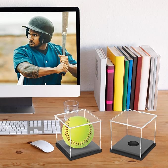 Hooqict 2 Pack Arcylic Softball Display Case Clear Softball Holder UV Protected Stand Championship Display Case Memorabilia Square Box for Golf Tennis Game Ball Baseball