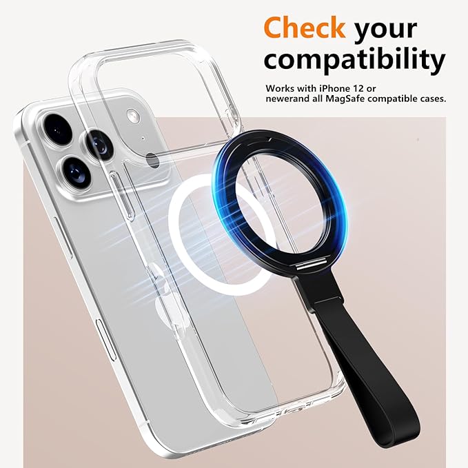 360 Rotation Adjustable Kickstand with Silicone Strap,Dual-Side Magnetic Ring Holder,for MagSafe Magnet, for iPhone 17/16/15/14/13/12 Air/Pro/Pro Max, Pixel 10,Galaxy S25 S24 (H-02 Black)