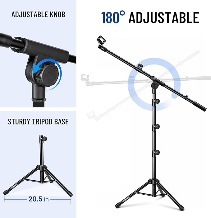 CAHAYA Mic Stand Floor Adjustable - Tripod Boom Arm Microphone Stand with Carrying Bag 2 Mic Clips 3/8" to 5/8" Adapter for Singing Podcast Compatible with Blue Yeti Shure SM58 SM48 Fifine K669B