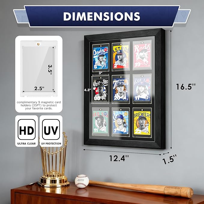 Trading Card Display Case for 9 Standard Cards - Wall Mount Baseball Card Display Case with UV Protection Magnetic Card Holder, Sports Display Cases for Football Basketball Hockey Card Collection