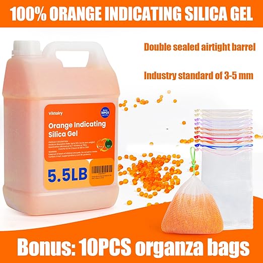 5.5LBS Silica Gel Desiccant Beads, Premium Color Indicating Reusable Desiccant Bulk, Industry Standard 3-5 mm Silica Beads for 3D Filament, Electronic Devices, Camera, Jewelry, Safe (10PC Organza Bag)