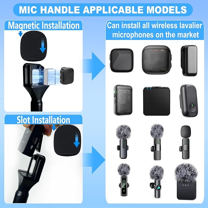 2PCS Microphone Holder for DJI/DJI Mini/2/3, Mic Handle for Rode, Hollyland Microphone, Magnetic wireless mic holder with Pop Filter and Flag Station for Vlogging, Interview, Podcast, Tik Tok