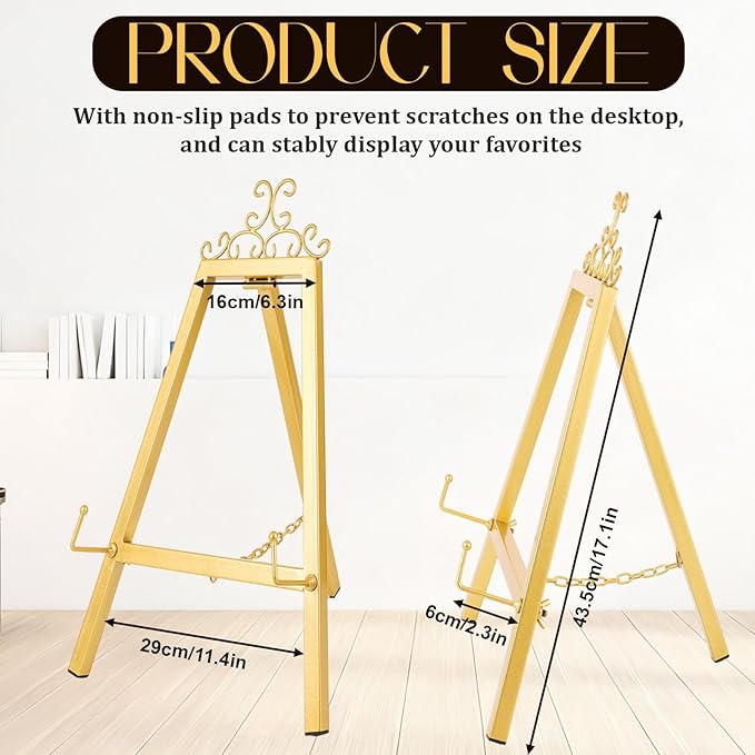 17'' Gold Tabletop Easel Stand for Sign, Metal Display Stand with Chain Support, Vintage Decor Art Easel for Display, Tabletop Picture Frame Stands for Home Wedding Photos Painting Artwork