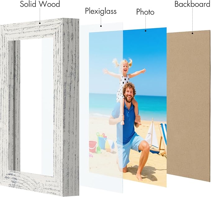 Vittanly 4x6 Picture Frame, Made of Solid Wood and Shatterproof Plexiglass, Wooden Photo Frame for Wall Mounting or Tabletop Display, Picture Frame for Home Decor with Stand, Distressed White, 1 Pack