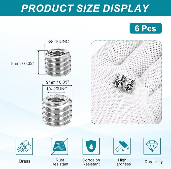 PATIKIL 6pcs 1/4" Female to 3/8" Male Thread Reducing Adapter Tripod Mount Screw Carbon Steel Adapter for Tripod Monopod of Camera Silver