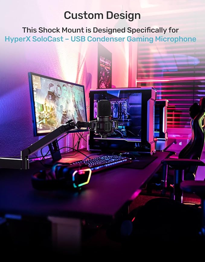 Custom Built for SoloCast Shock Mount with pop filter, 2026 Upgrade Anti-Vibration Suspension Elastic Shock Mount Holder Clip Mics Stand with Screw Adapter Compatible with Hyperx SoloCast Microphone