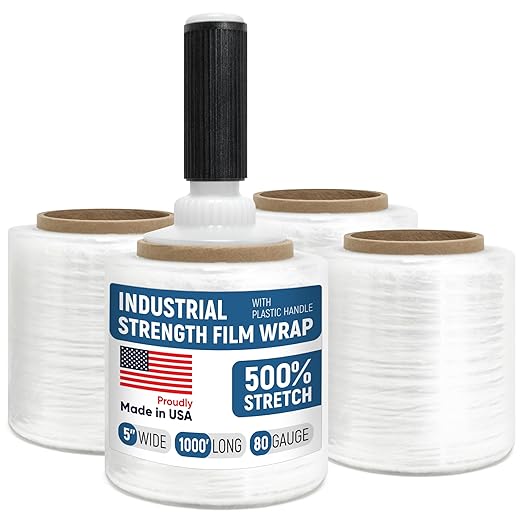 5” x 1000’ Stretch Wrap Mini 4 Rolls with Handle – Clear Plastic Stretch Film 80 Gauge, 500% Elongation, Heavy Duty Shrink Wrap for Moving, Packing & Shipping