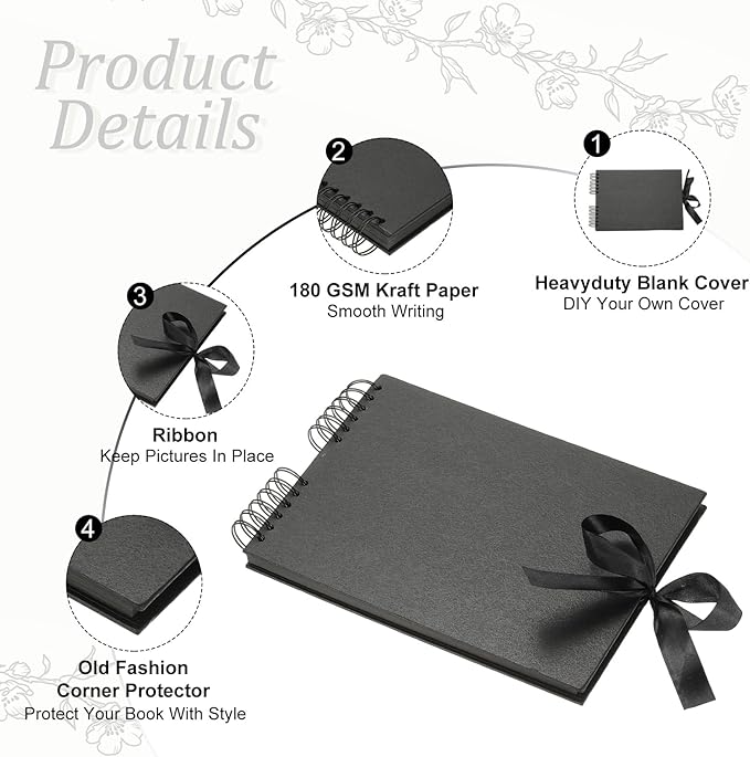 PATIKIL Scrapbook Photo Albums, 8x12 Inch 80 Pages Hardcover Scrapbooking Book DIY Album Supplies Kit with Sticker Ribbon for Gift Journal Memory Book Wedding Anniversary, Black, 1 Pcs