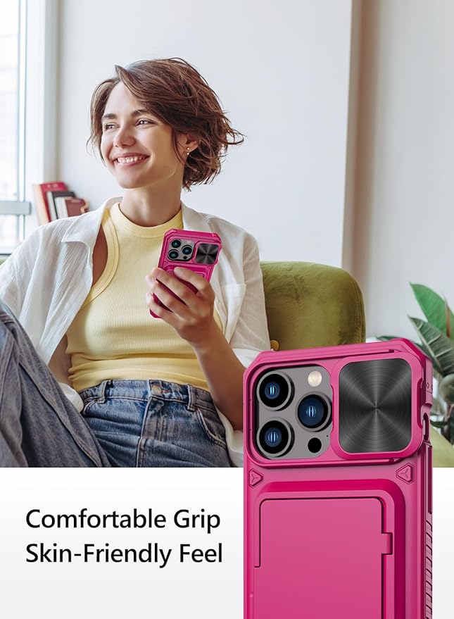 Vihibii for iPhone 15 Pro Max Wallet Case with Card Holder (4 Cards) & Slide Camera Cover & Kickstand, Raised Edges Protect Screen, Rugged Hard Back Cover for iPhone 15 Pro Max, 5G 6.7" 2023, Hot Pink