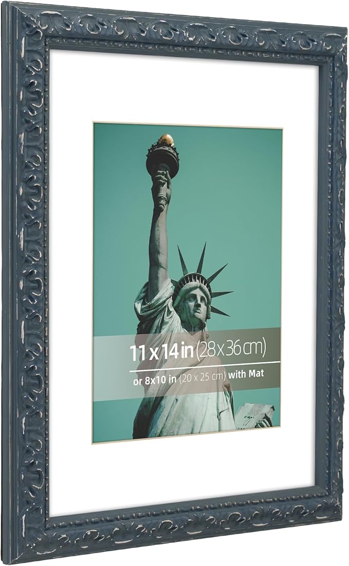 11x14 Embossed Scrollwork Distressed Wood Vintage Antique Retro Picture Frame, Display 8x10 Photos, Art Prints with Mat, Glass Cover, Dark Navy Blue