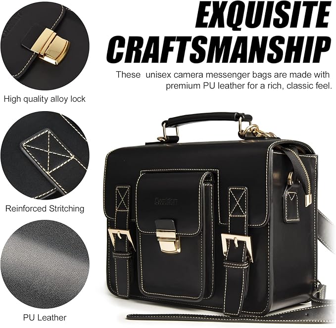 Cwatcun Leather Camera Bag Compact Shoulder Bag for Women, Vintage Sling Case Crossbody, Travel Photography Backpack for Canon, Nikon, Sony, Fuji DSLR/SLR/Mirrorless Cameras, Lens Accessories