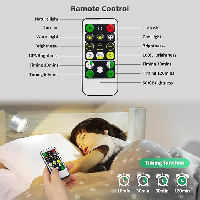 Lightbiz LED Reading Lights, Wall Lights Sconces with Remote Rechargeable Battery Operated, 3 Color Temperatures & Dimmable Light Magnetic Ball 360°Rotation, Lamps for Study Bedside Closet