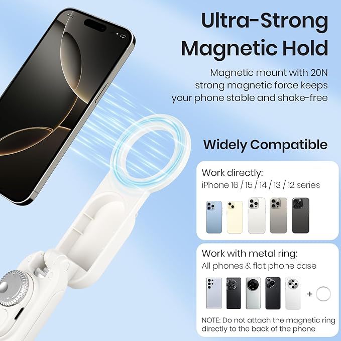 Multifunctional Magnetic Selfie Stick Tripod, 360° Rotation Portable Extendable Phone Stand for Video Recording & Vlog, Pocket Size for iPhone Android Smartphones (White)