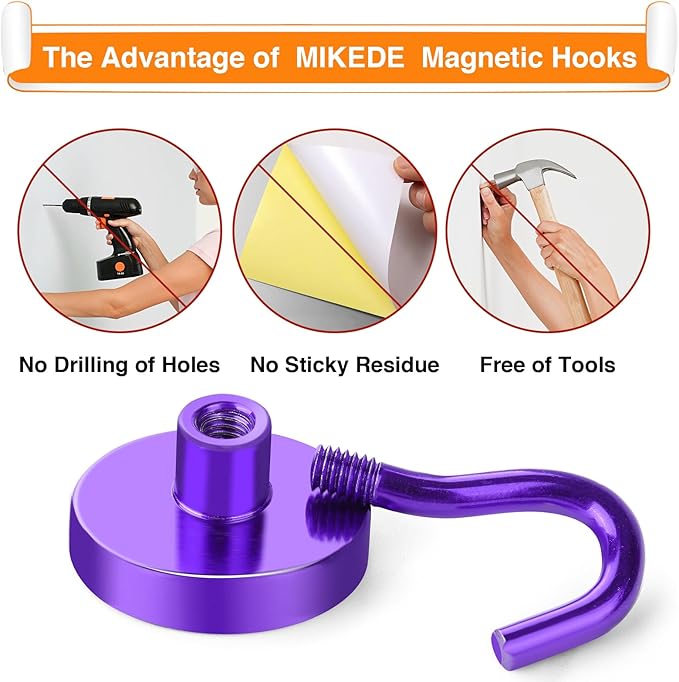 MIKEDE Magnetic Hooks, 50Lbs+ Heavy Duty Magnet Hooks for Cruise Cabins, Super Neodymium Hanging Hooks Strong Magnets with Hook for Fridge, Magnetic Hanger for Grill, Toolbox, Storage(Purple, 4 Pack)
