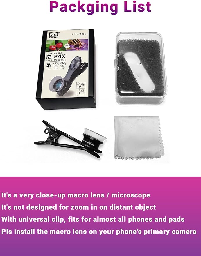 APEXEL 12X / 24X Macro Lens, Macro Lens for iPhone with Universal Clip, HD Phone Attachment for Phone Camera, iPhone Photograph Accessories Fits for All Cellphone and Pads Mini Microscope