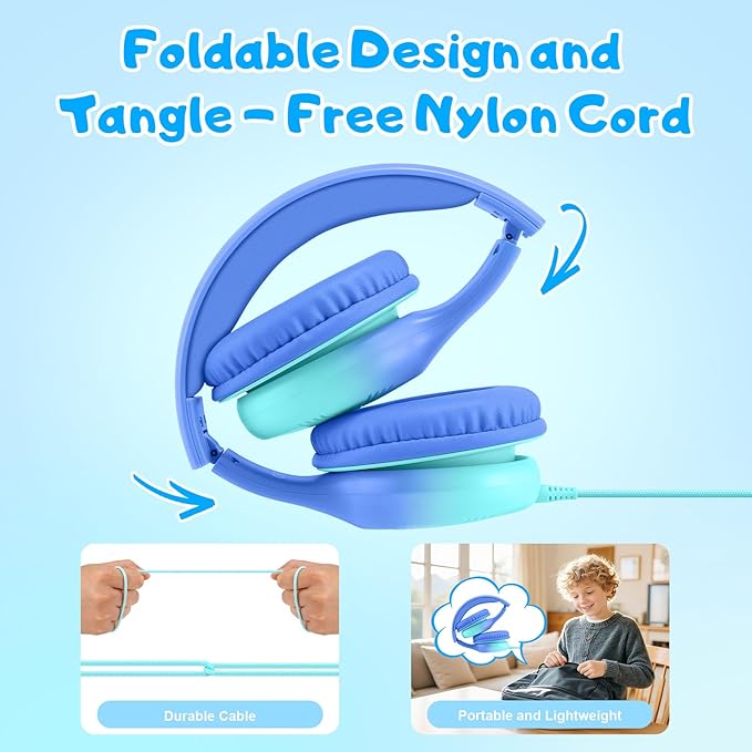 Kids Headphones, Wired Headphones for Kids with Microphone 85/94dB Volume Limit, Stereo Sound Portable Over Ear Headphones for School/Travel/Tablet/iPad, Gradient Blue