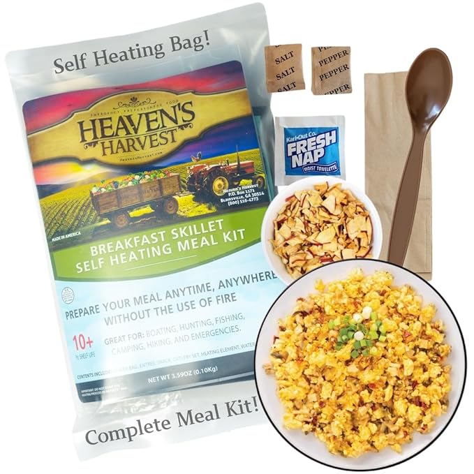 Heaven's Harvest Self-Heating Emergency Meal Kit (10 Year Shelf Life) — Tastier than MRE Meals & Ready-To-Eat in Minutes! Just add water to activate the “cooking” process. (Breakfast Skillet) (Single)