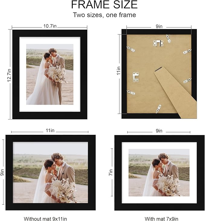 9x11 Picture Frame Set of 4, Made of Real Glass and Black Frame - Display Picture 7x9 with Mat or 9x11 Without Mat, 9 by 11 Photo for Wall or Tabletop