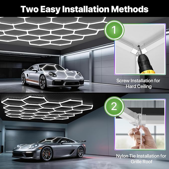 Glitgate Hexagon LED Garage Light, 581W 63910LM 22-Grid Honeycomb Hex Lighting System, 6500K Ultra Bright Ceiling Light for Garage, Car Detailing Shop, Workshop, Basement, Gym