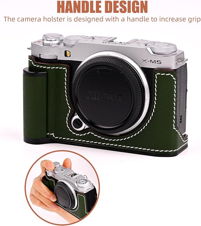 Uchandmade Handmade Genuine Leather Camera Half Case for Fujifilm X-M5/Fujifilm X-M5 Camera Case/Fujifilm X-M5 Case - Top Layer Cowhide Body + Metal Base Plate+ Hand Shank Design (Green M-BOX)