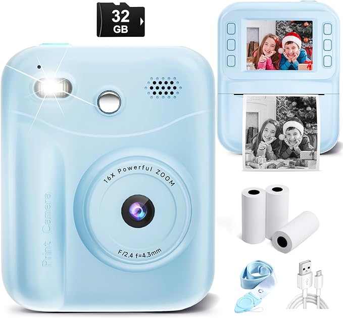 MINIBEAR Kids Camera Instant Print, 48MP Instant Print Camera for Kids 1080P Toddler Digital Video Camera Christmas Birthday Gifts for 3 4 5 6 7 8 9 10 Year Old Boys Toys, 3 Rolls Print Paper, Blue