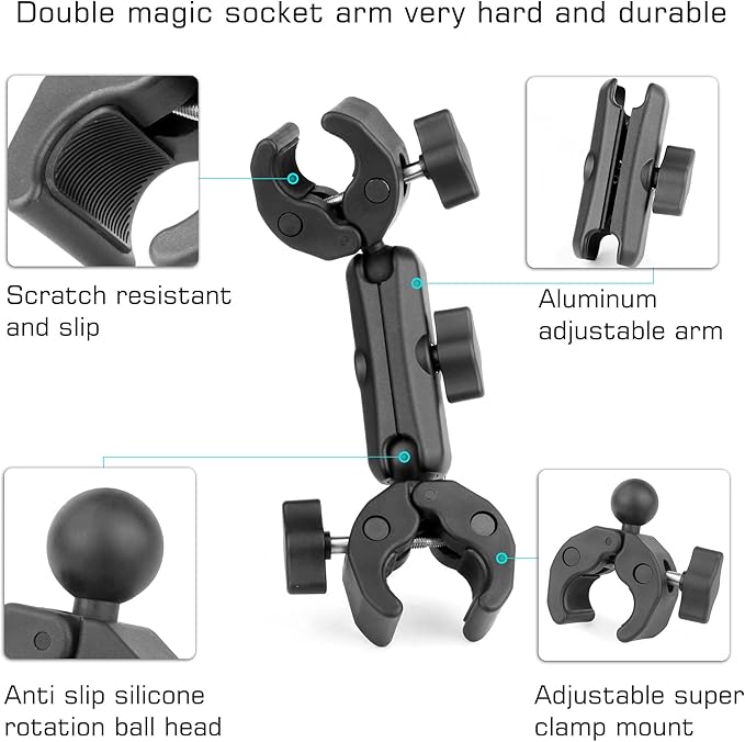 GEPULY Umbrella Clamp for Chair 5.5lb Load, 20-50mm Double Super Camera Mount, Aluminum Magic Arm Dual Ball Head Heavy Duty for Handlebar/Tripod/Stroller Wheelchair/Desk/Pole/Cross Bar/Motorcycle