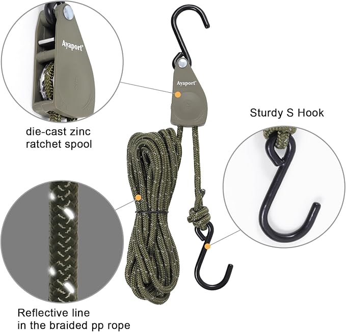 Ayaport Kayak Rope Tie Down 14ft Green Ratchet Straps Bow and Stern Ratcheting Tie Downs Rope Hanger Kayak and Canoe Accessories