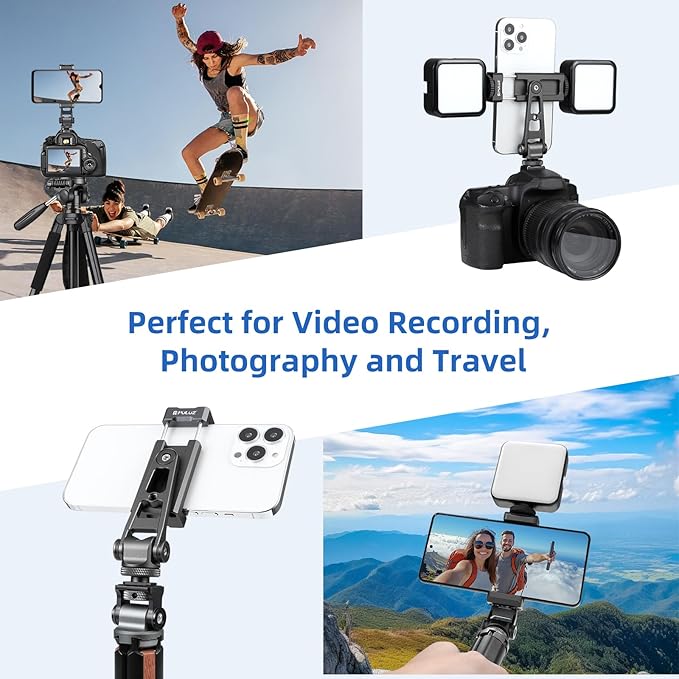 PULUZ Tripod Phone Mount, Universal Smartphone Mount Adapter Rotatable Bracket with 1/4 inch Screw, 360° Rotates and 180° Tilts Adjustable Cell Phone Clamp Holder for Mobile Photography