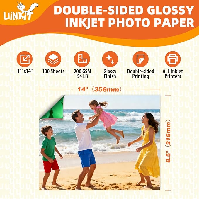 Uinkit 100 Sheets 200Gsm Double Sided Photo Paper Glossy 11x14 inches 54lbs Inkjet for Dye Ink 200Gsm Value Bulk Pack Picture 11 x 14 9.5Mil for Inkjet Printing Printer