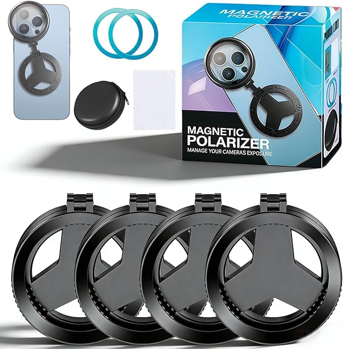 Anti-Glare Magnetic Phone Filter, 52mm Magnetic CPL Polarizer, Foldable Portable Rotatable Quick Mount Lens, Reduce Glare & Reflections for Water, Glass, Sky (4PC)