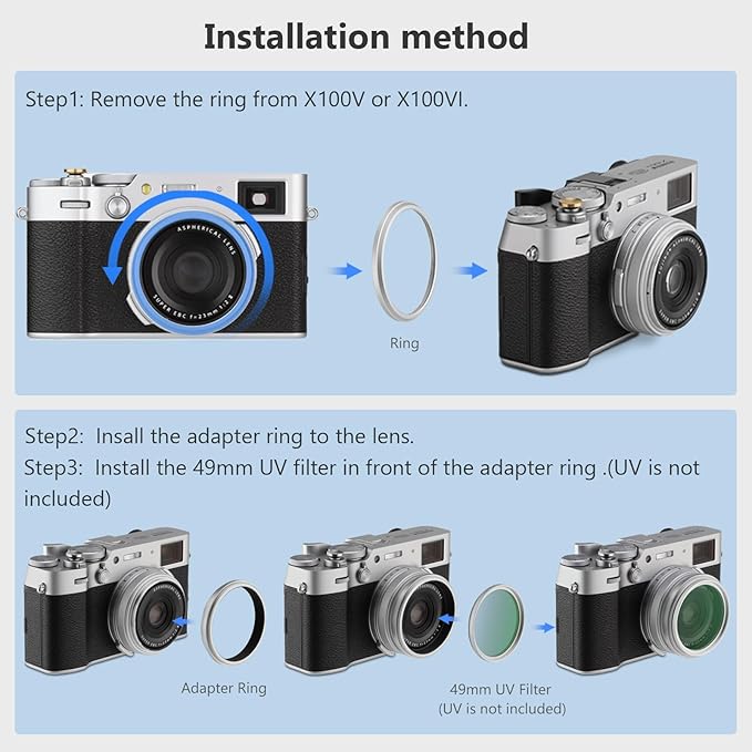 Haoge Lens Filter Adapter Ring for Fujifilm X100VI Fuji FinePix X100V Camera fit 49mm UV CPL ND Filter Lens Cap Replace Fujifilm AR-X100 Silver
