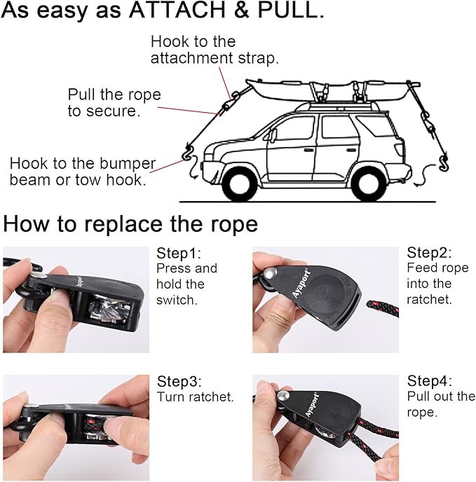Ayaport Kayak Rope Tie Down Ratchet Straps Bow and Stern Ratcheting Tie Downs Rope Hanger Kayak and Canoe Accessories