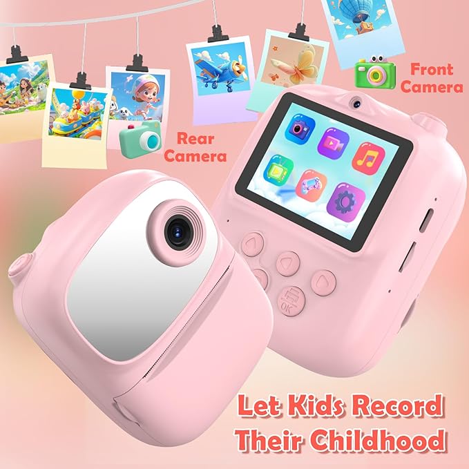 Kids Camera Instant Print for Kids with Mirror, HD Dual-Lens Selfie Digital Camera with 3 Rolls Print Paper & 32GB Card, Holiday Birthday Gifts Toys for Girls Boys Toddler.(Pink)