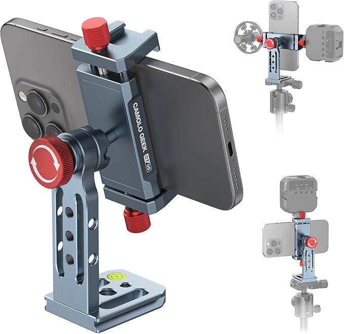 Phone Tripod Mount Aluminum Alloy, 360° Rotatable Phone Stand Holder Clamp with Cold Shoe and Arca Base Compatible with iPhone 15 Pro Max Galaxy S24 Ultra Pixel & 2.5"-4" Wide Smartphones