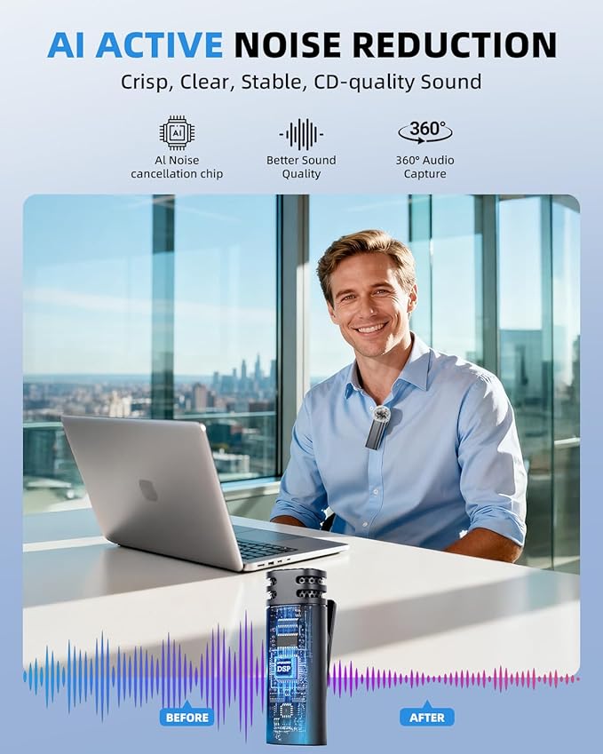 3-in-1 Mini Microphones: Wireless Lavalier Microphone with AI Noise Reduction for iPhone 15/14/13/12, Android, Cameras 12H Battery, Plug and Play Wireless Microphones for Vlog/YouTube/TikTok/Live