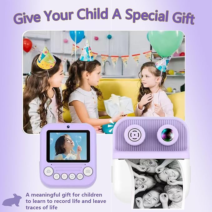 Dual-Lens Instant Print Camera for Kids, 48MP Thermal Instant Printing Camera with 2.4 Inch IPS Screen for Toddler, Boys Girls Christmas Birthday Gifts Photo Printer with 64GB SD Card (Purple)