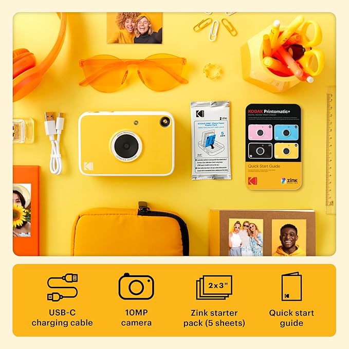 Kodak Printomatic+ Instant Print Digital Camera (Yellow) 10MP Portable Camera with Interactive RGB LED Status Indicator, Prints Full-Color Photos on Zink 2x3” Sticky-Backed Photo Paper - Easy & Fun